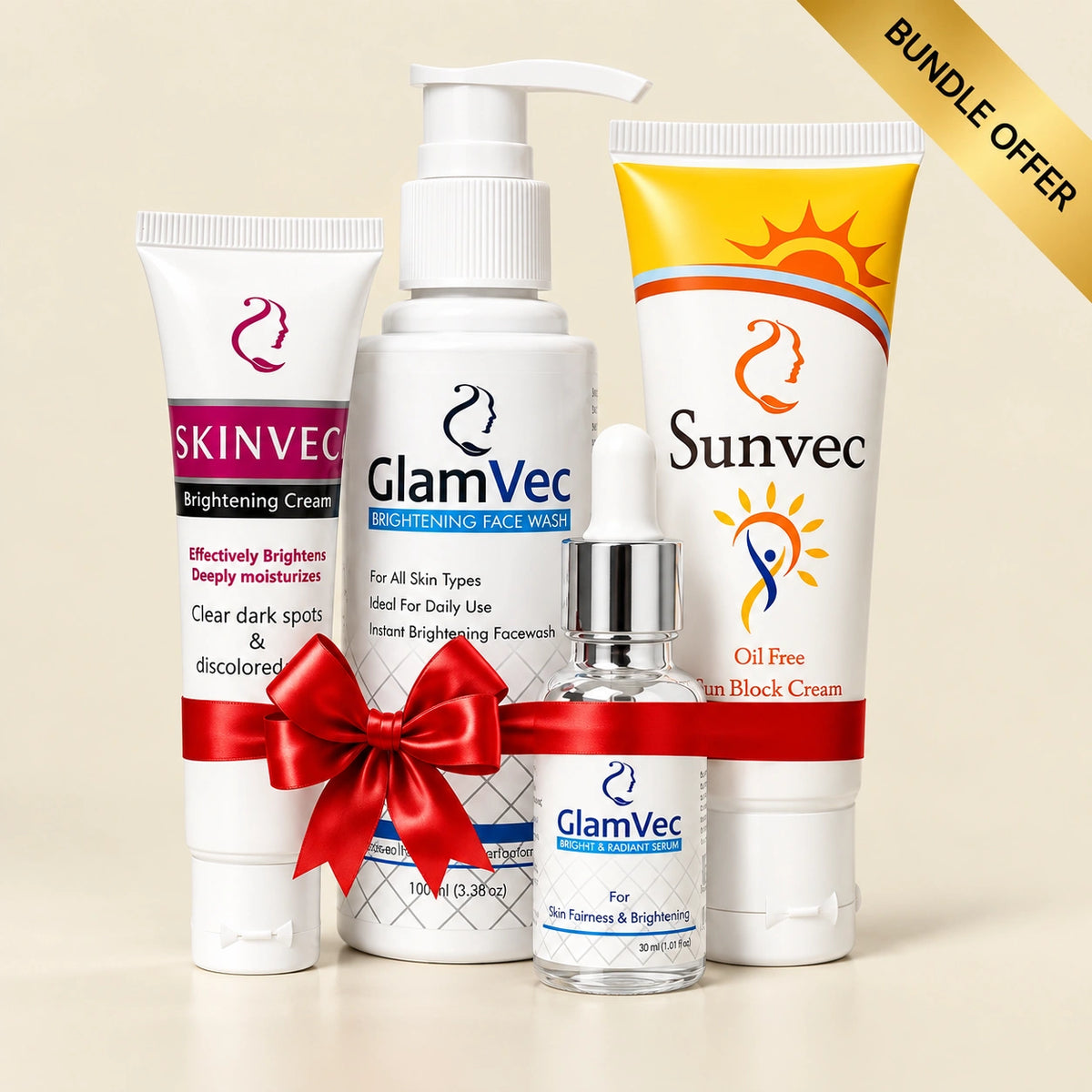 Brightening Skincare (Bundle) – Face Wash, Brightening Cream, Oil-Free Sunblock & Serum (4-in-1 Glow Set)